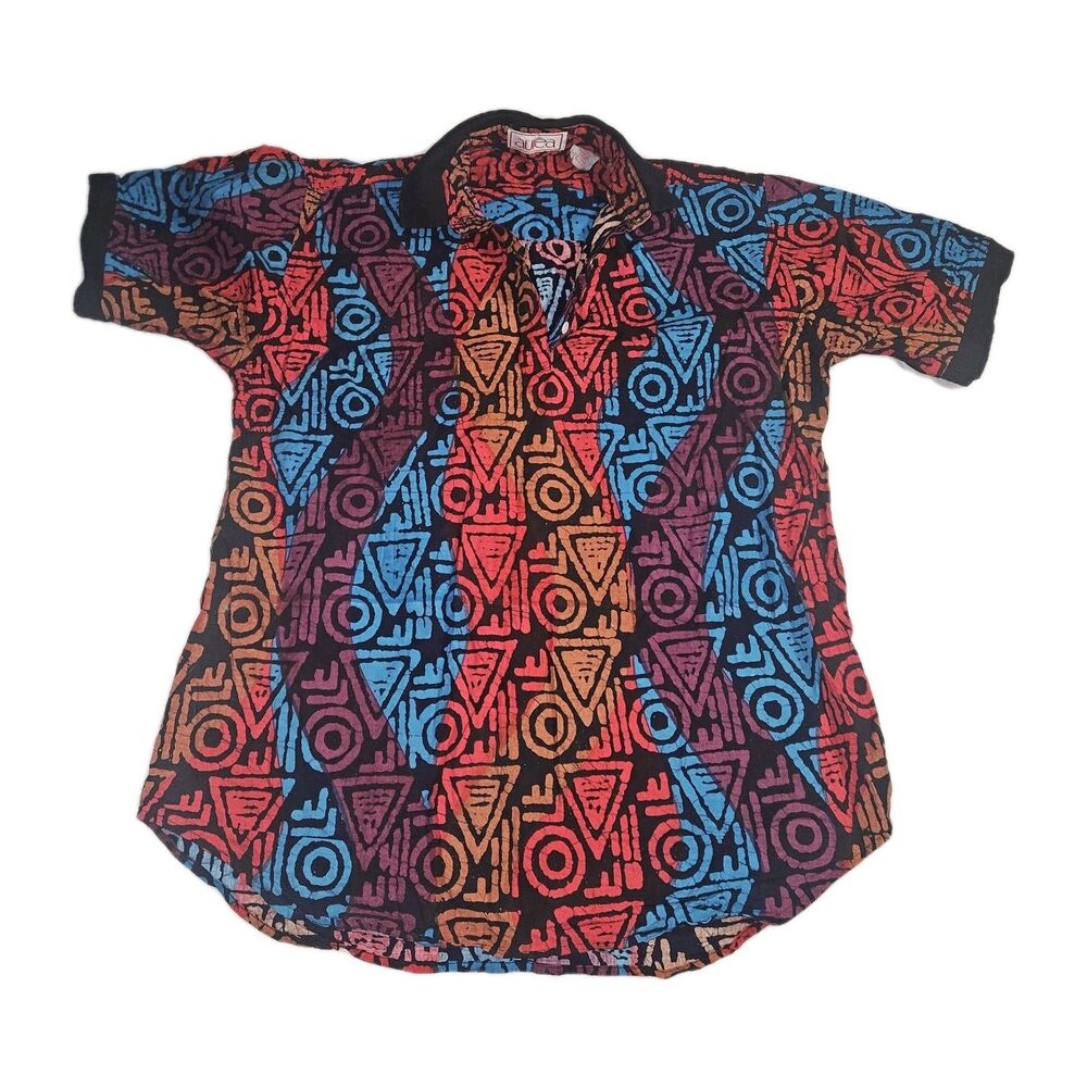 Vintage 80s 90s Geometric Blouse Polo New Wave Punk Medium Red Orange Blue Black